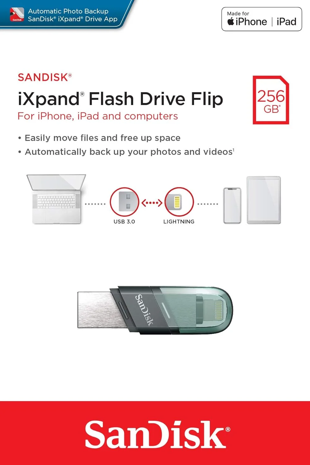  فلش مموری سندیسک با قابلیت اتصال به آیفون SanDisk 256GB iXpand Flip